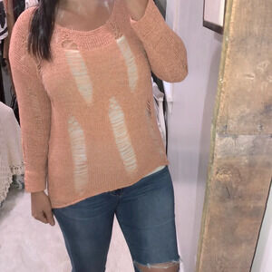 Aggie size small peach distressed knit sweater